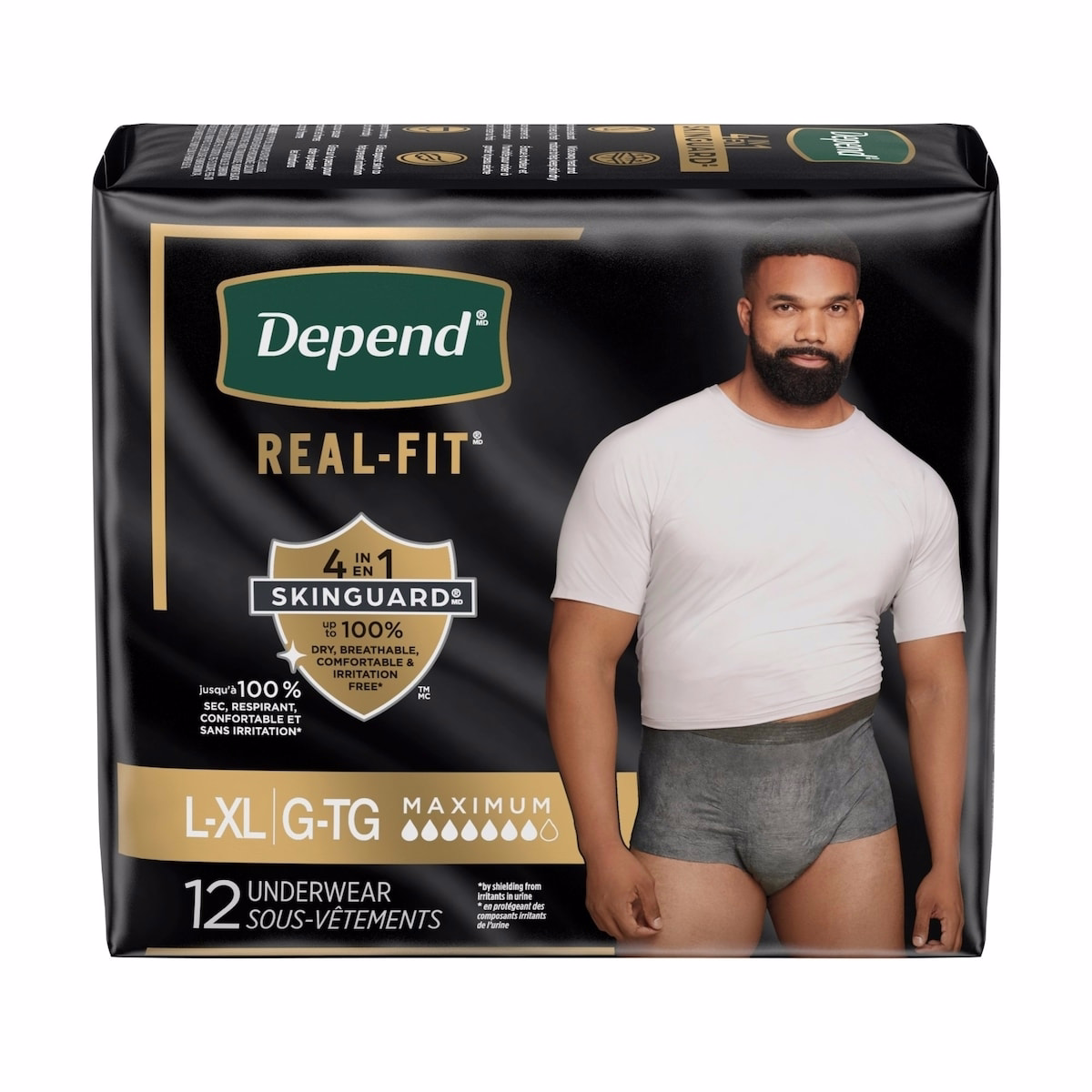 Depend Real Fit 失禁內褲（男士），一次性，最大吸收力，大/特大號，黑色與灰色