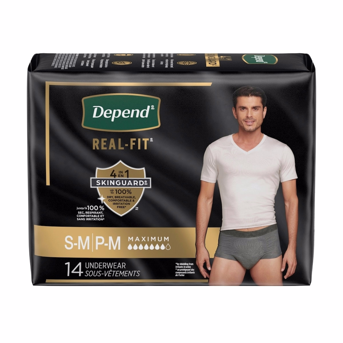 Depend Real Fit Incontinence Underwear for Men, Disposable, Maximum Absorbency, Small/Medium, Black and Grey