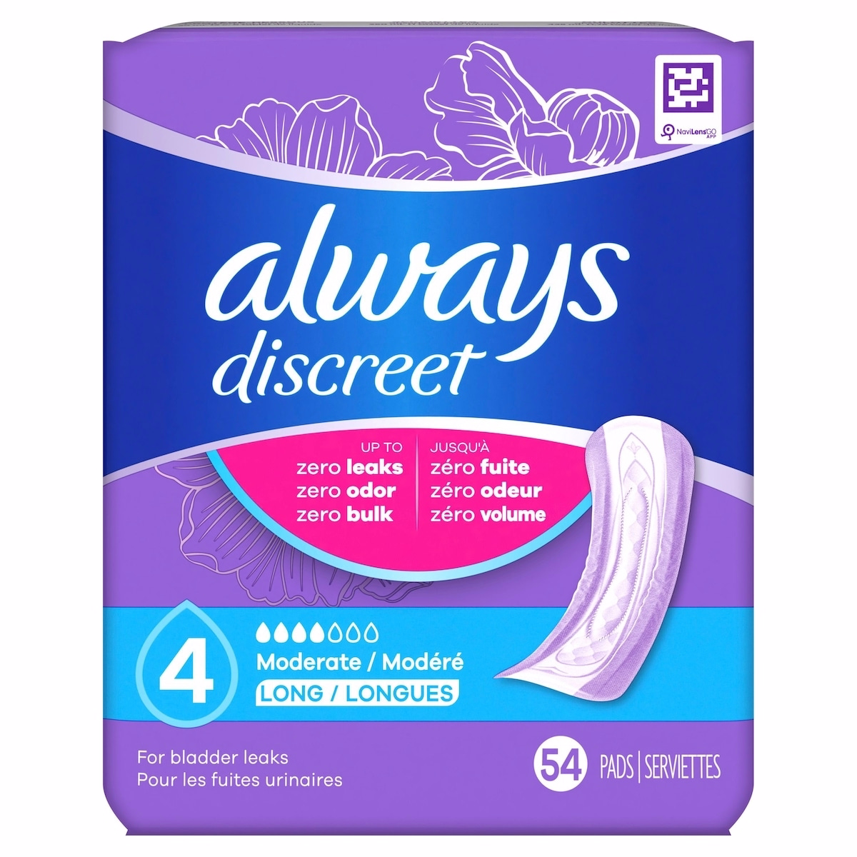 Discreet Moderate Long Incontinence Pads, 54 Count