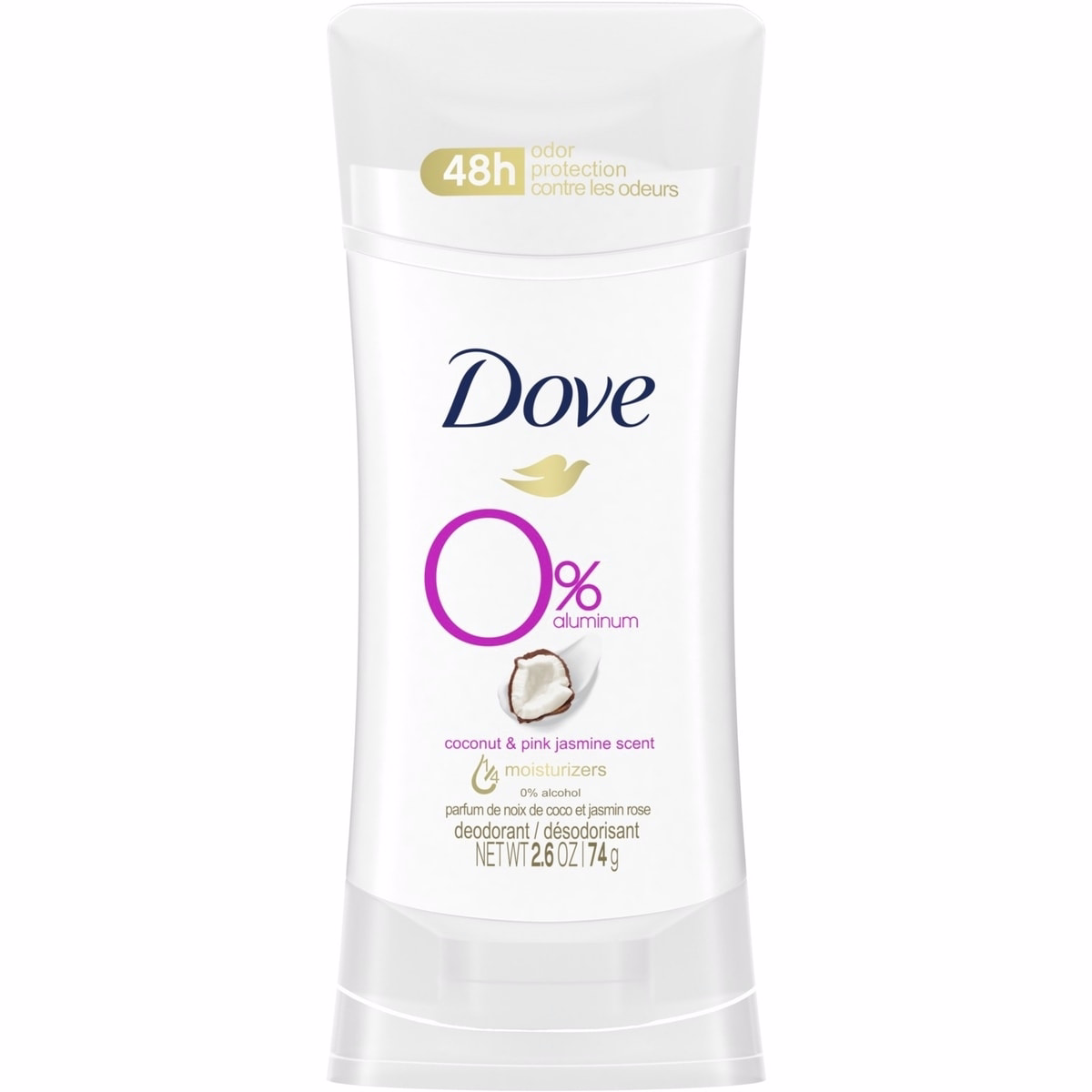 Dove 0% Aluminum Deodorant for smooth underarms Coconut and Pink Jasmine antibacterial odour protection 74 g