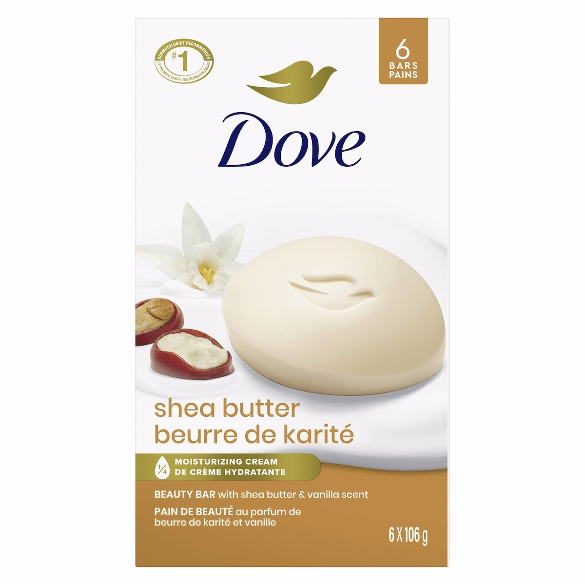 Dove  Beauty Bar more moisturizing than bar soap Shea Butter for soft and pampered skin 106 g 6 count