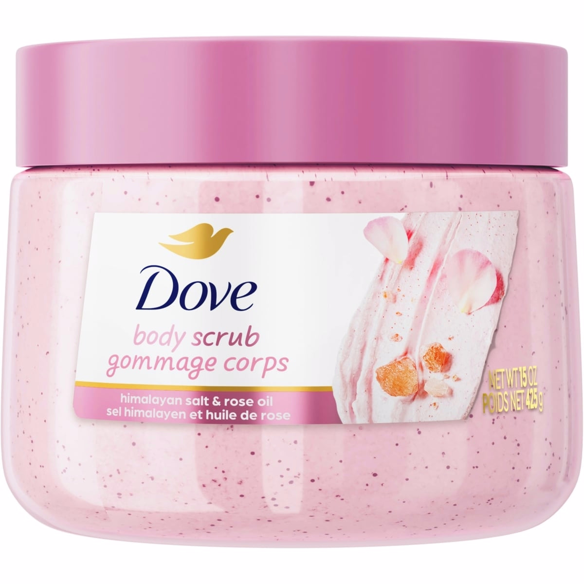 Dove  Body Scrub for Visibly Silky-Smooth, Nourished Skin, Himalayan Salt & Rose Oil with ¼ Moisturizing Cream, 425g