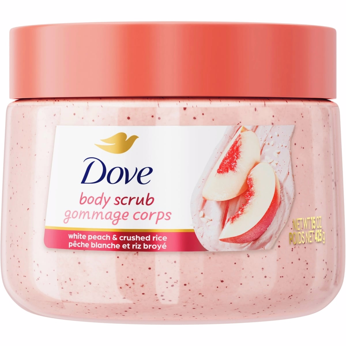 Dove  Body Scrub for Visibly Silky-Smooth, Nourished Skin, White Peach & Crushed Rice with ¼ Moisturizing Cream, 425g