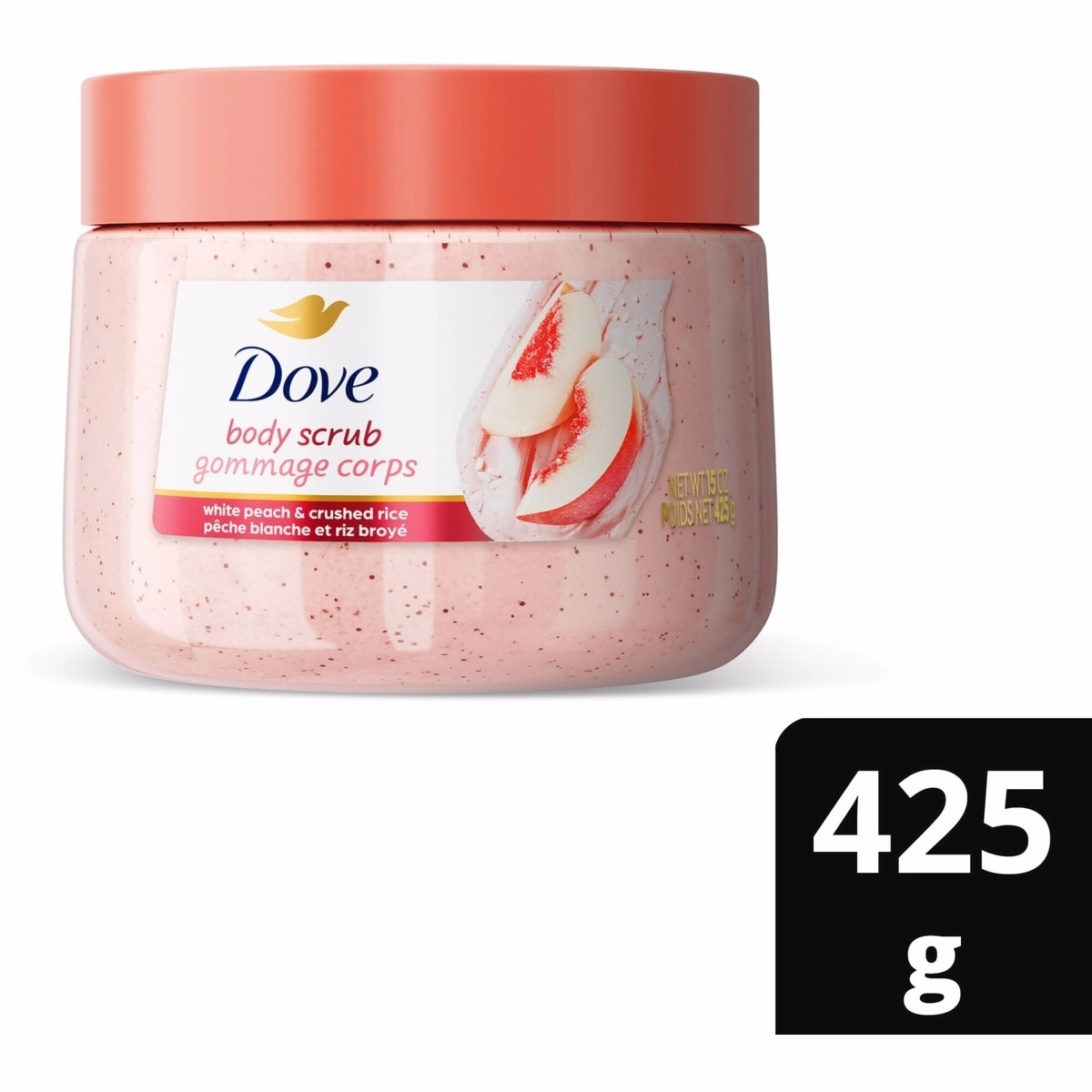 Dove  Body Scrub for Visibly Silky-Smooth, Nourished Skin, White Peach & Crushed Rice with ¼ Moisturizing Cream, 425g