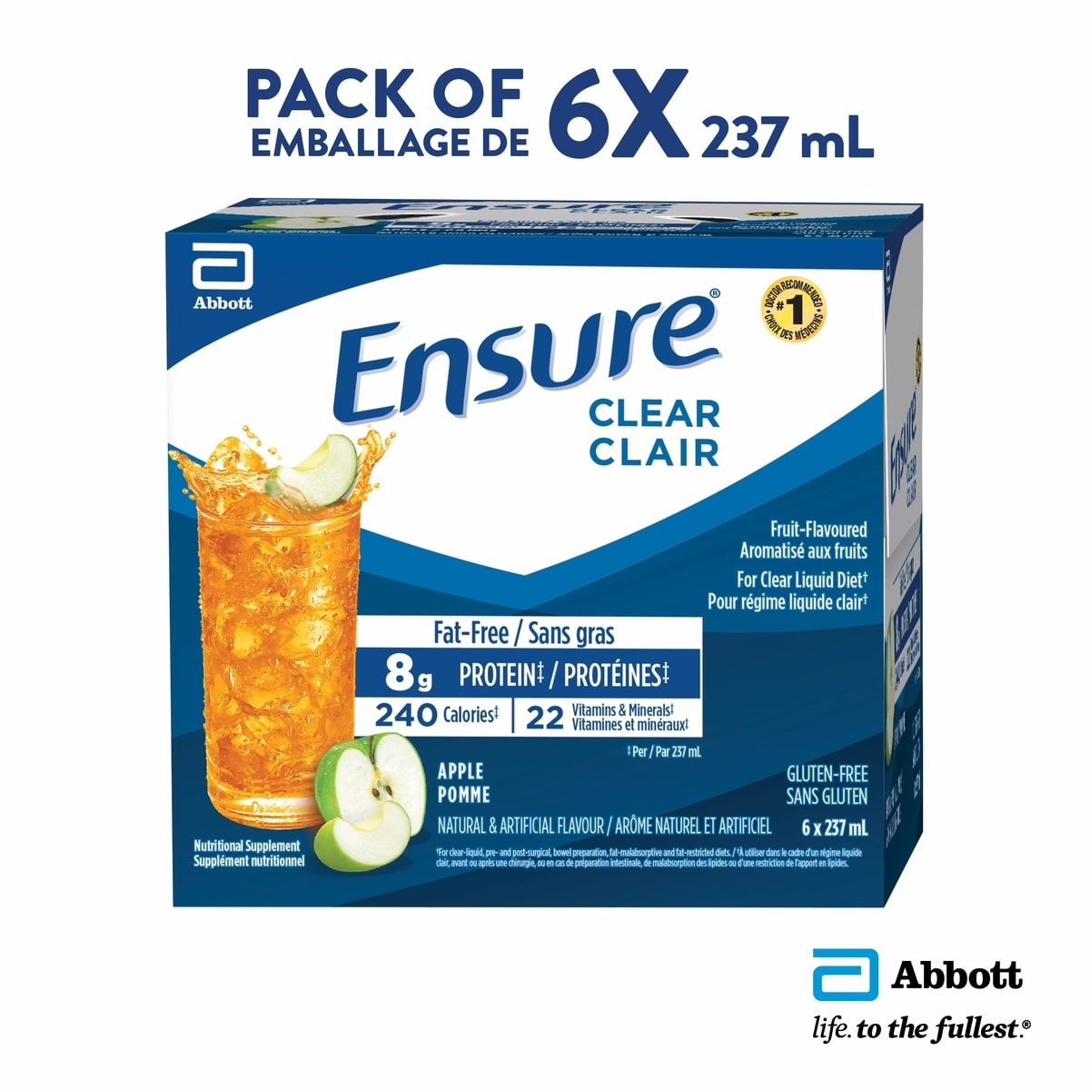 Ensure Clear, Clear Liquid Nutrition Drink, Refreshing Fruit Flavoured Nutrional Supplement, Apple, 6 x 237-mL Bottles