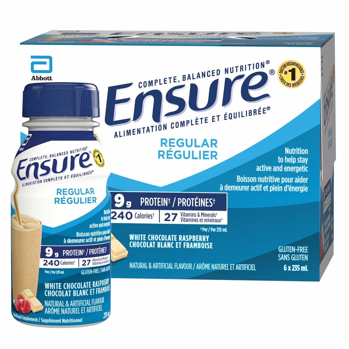 Ensure Regular, Nutritional Supplement Shake Value Pack, Nutrition To Stay Active And Energetic, White Chocolate Raspberry, 6 x 235-mL Bottles