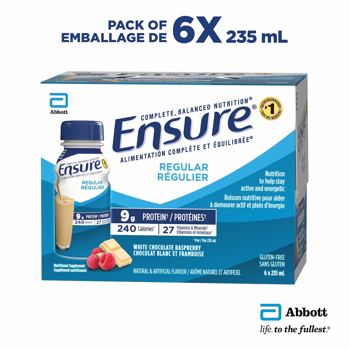 Ensure Regular, Nutritional Supplement Shake Value Pack, Nutrition To Stay Active And Energetic, White Chocolate Raspberry, 6 x 235-mL Bottles