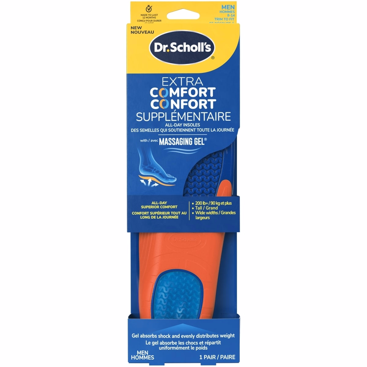 Extra Comfort All-Day Insoles with Massaging Gel®, Mens Size 8-14