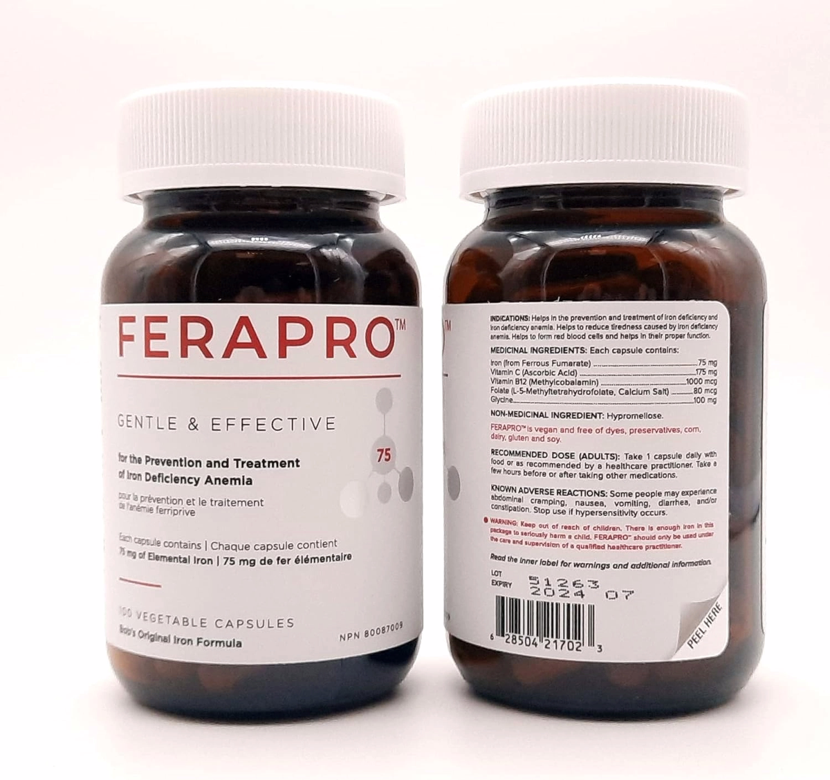 Ferapro Iron Supplement - 75mg Elemental Iron with Vitamin C & Methylcobalamin, 100 Capsules