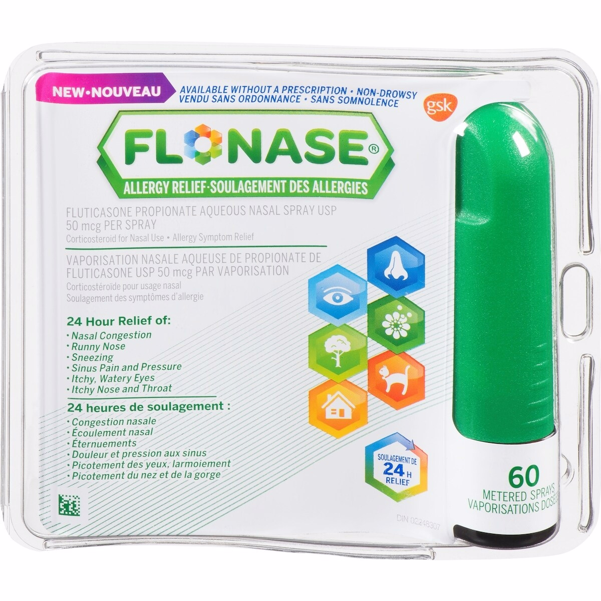 Flonase Allergy Nasal Spray, 24-Hour All-In-One Allergy Relief, Non-Drowsy, 60 Sprays