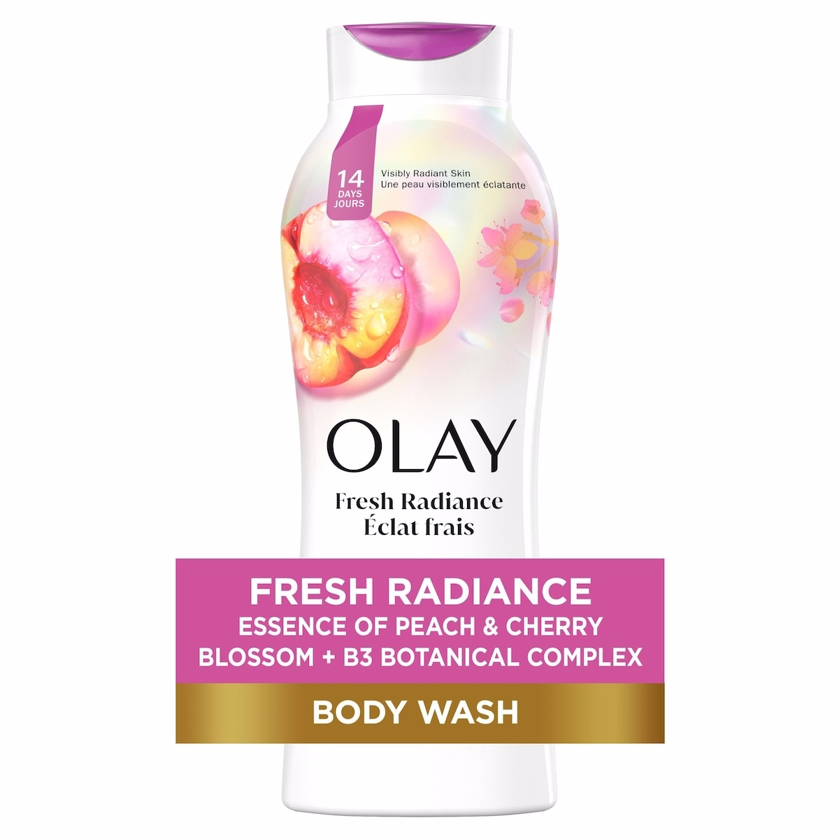 Olay Fresh Outlast 不含防腐劑沐浴露，帶有桃子與櫻花的活力香調