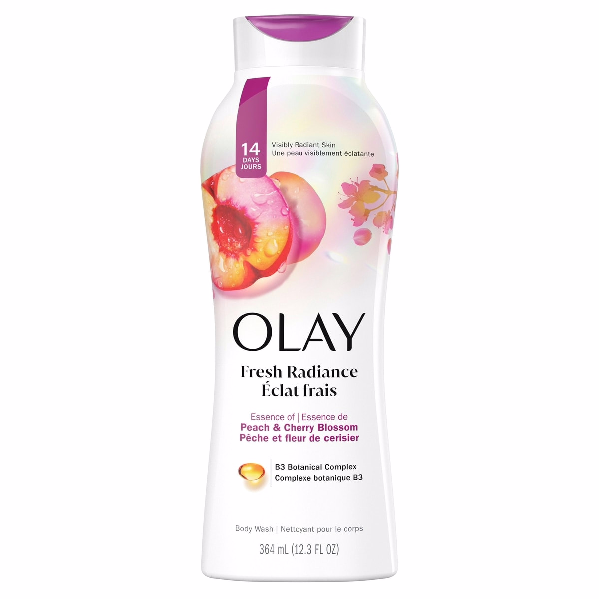 Olay Fresh Outlast 不含防腐劑沐浴露，帶有桃子與櫻花的活力香調