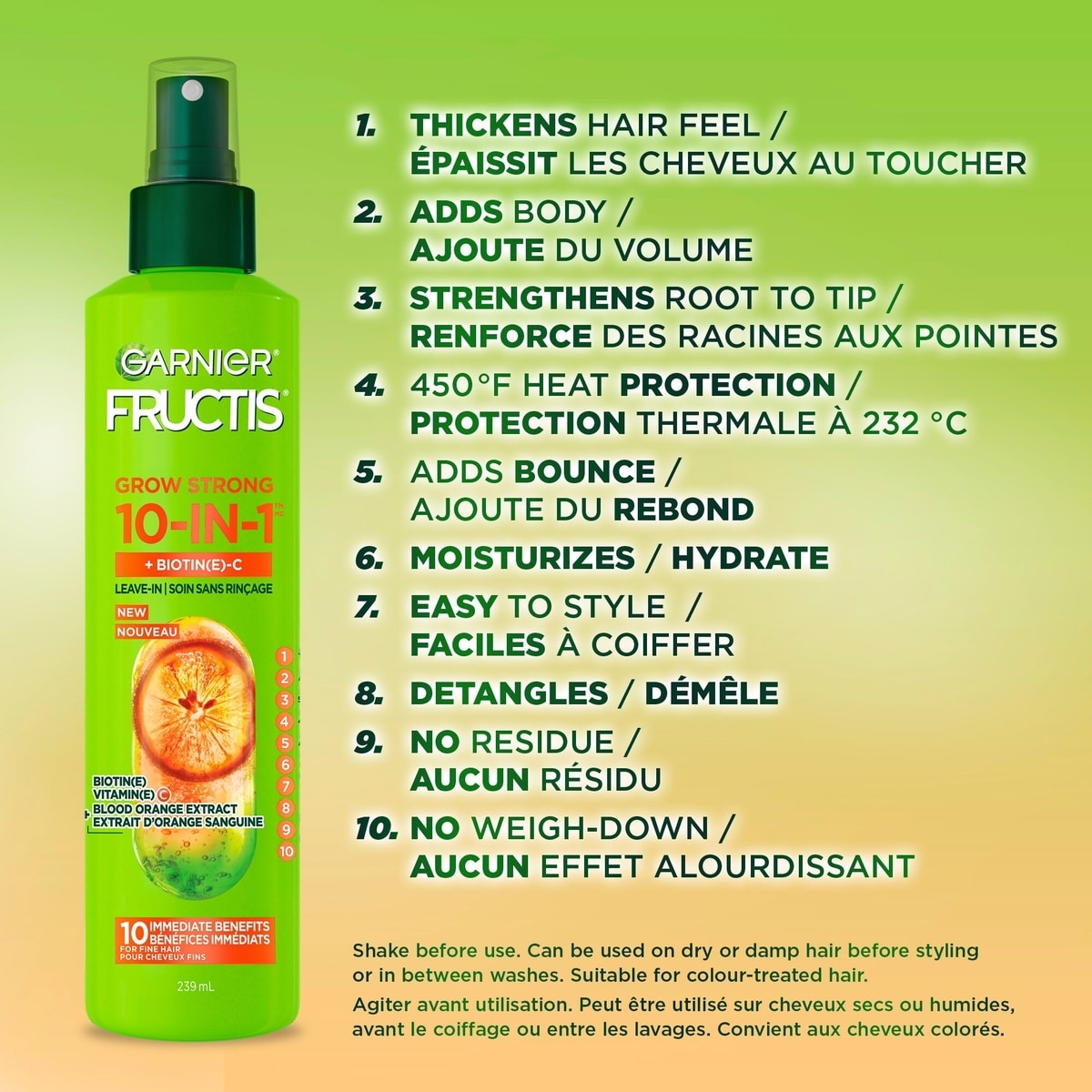 Fructis Grow Strong Thickening 10-in-1 Spray for Fine Hair, Heat Protectant, with Vitamin C
