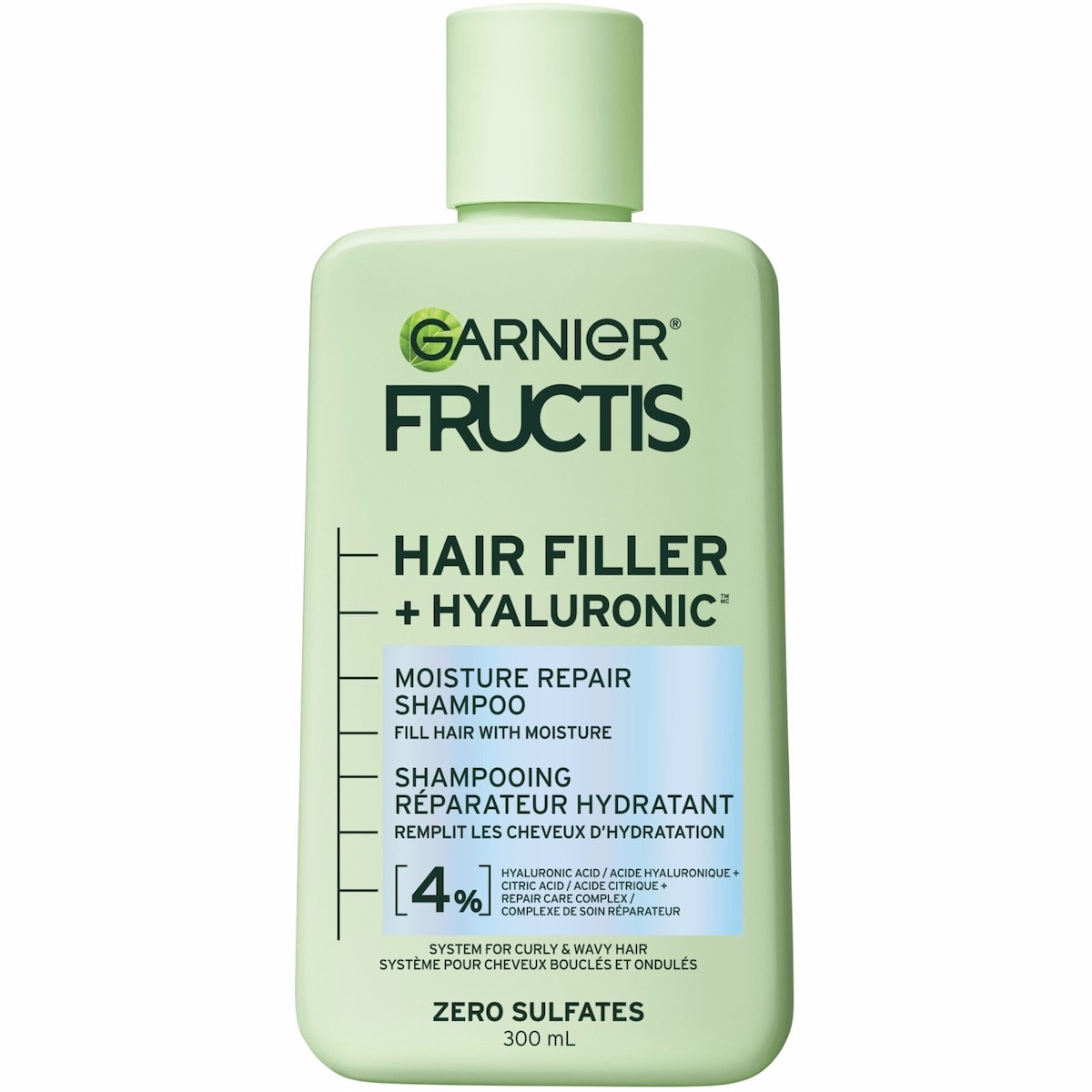 Shampoing sans sulfate Garnier Fructis Hair Filler + Hyaluronic Acid Moisture Repair, pour cheveux bouclés et ondulés, jusqu’à 15x plus d’humidité et 100 heures de contrôle du frisottis