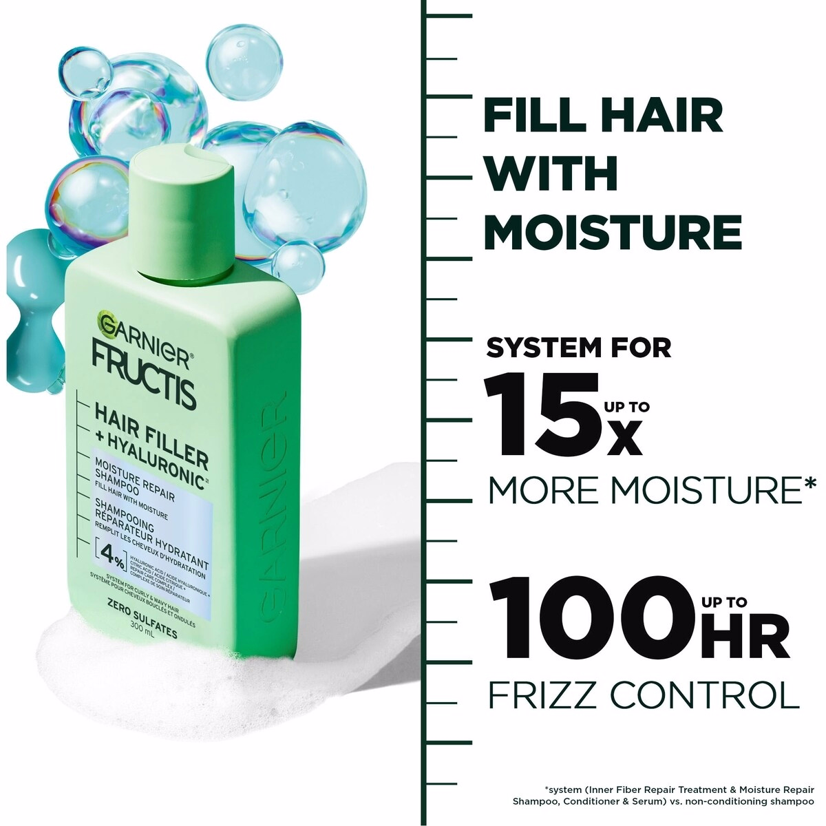 Shampoing sans sulfate Garnier Fructis Hair Filler + Hyaluronic Acid Moisture Repair, pour cheveux bouclés et ondulés, jusqu’à 15x plus d’humidité et 100 heures de contrôle du frisottis