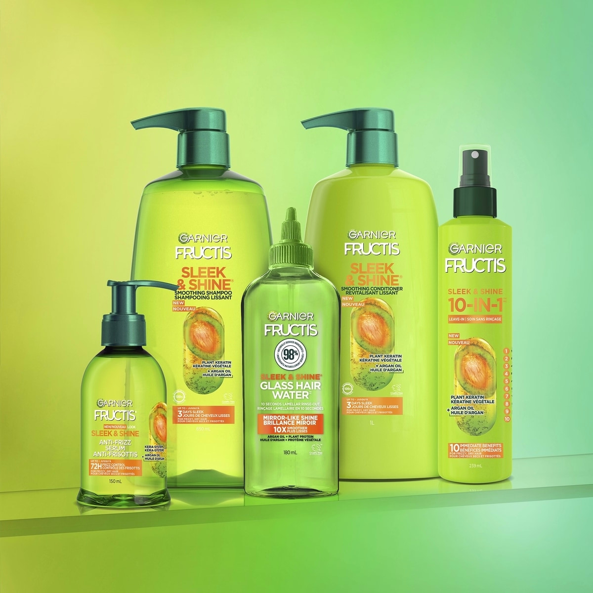 Fructis Sleek & Shine, 10-In-1 Repairing Leave-In Spray For Frizzy & Dry Hair with Heat Protection, With Argan Oil and Plant Keratin Fructis Sleek & Shine, 10-In-1 Repairing Leave-In Spray For Frizzy & Dry Hair with Heat Protection, With Argan Oil and Plant Keratin