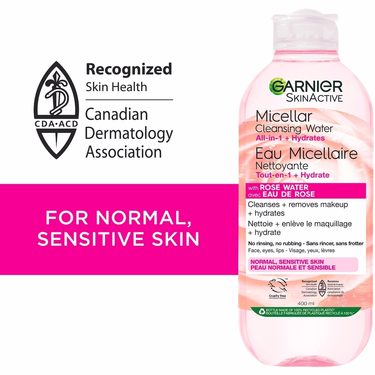Garnier Micellar Cleansing Water, All-In One Hydrating Makeup Remover + Face Cleanser with Rose Water & Glycerin, Hypoallergenic, Sensitive to Dry Ski