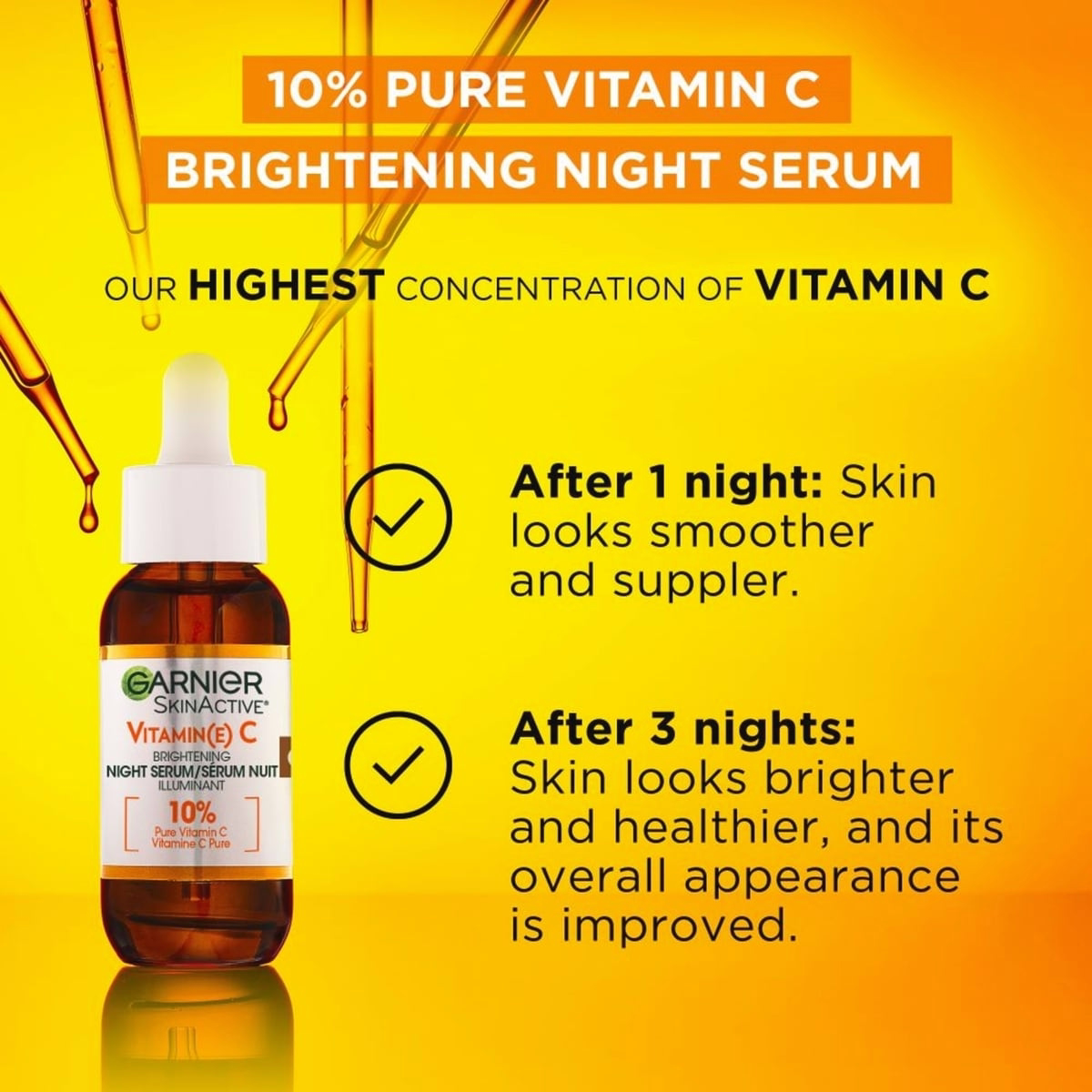Garnier SkinActive Brightening Night Vitamin-C Serum, with Hyaluronic Acid, Brightens & Smoothens Skin in just 3 Nights, for All Skin Types, even Sens
