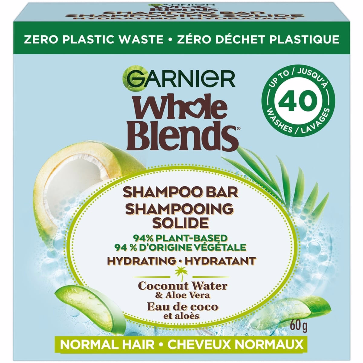 Garnier Whole Blends Coconut & Aloe Vera Hydrating Shampoo Bar for Normal Hair, Zero Plastic Packaging, Sulfate Free, Preservative Free, Silicone Free