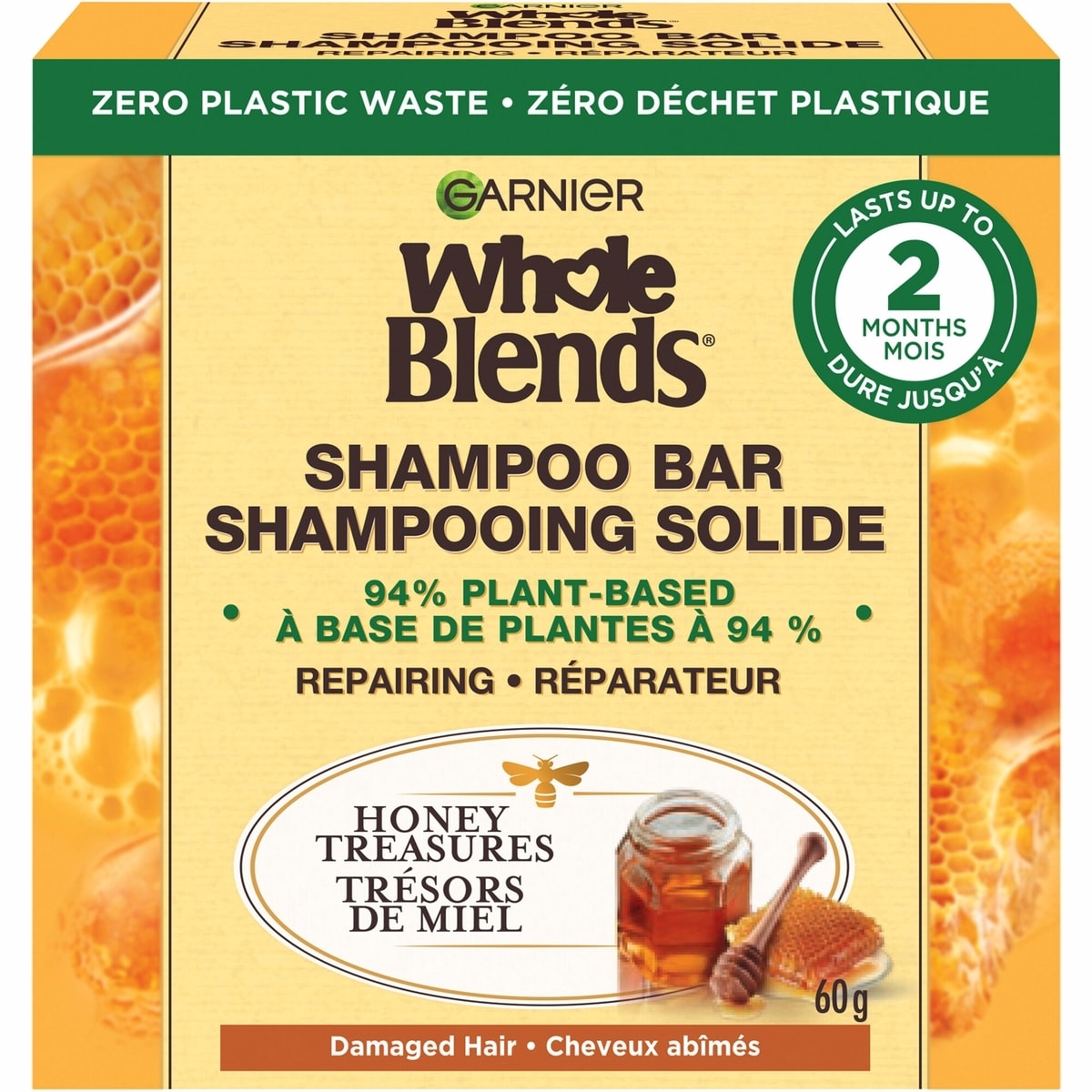 Garnier Whole Blends Honey Treasures Repairing  Shampoo Bar for Damaged Hair, Zero Plastic Packaging, Preservative Free, Silicone Free, Soap & Dye Fre
