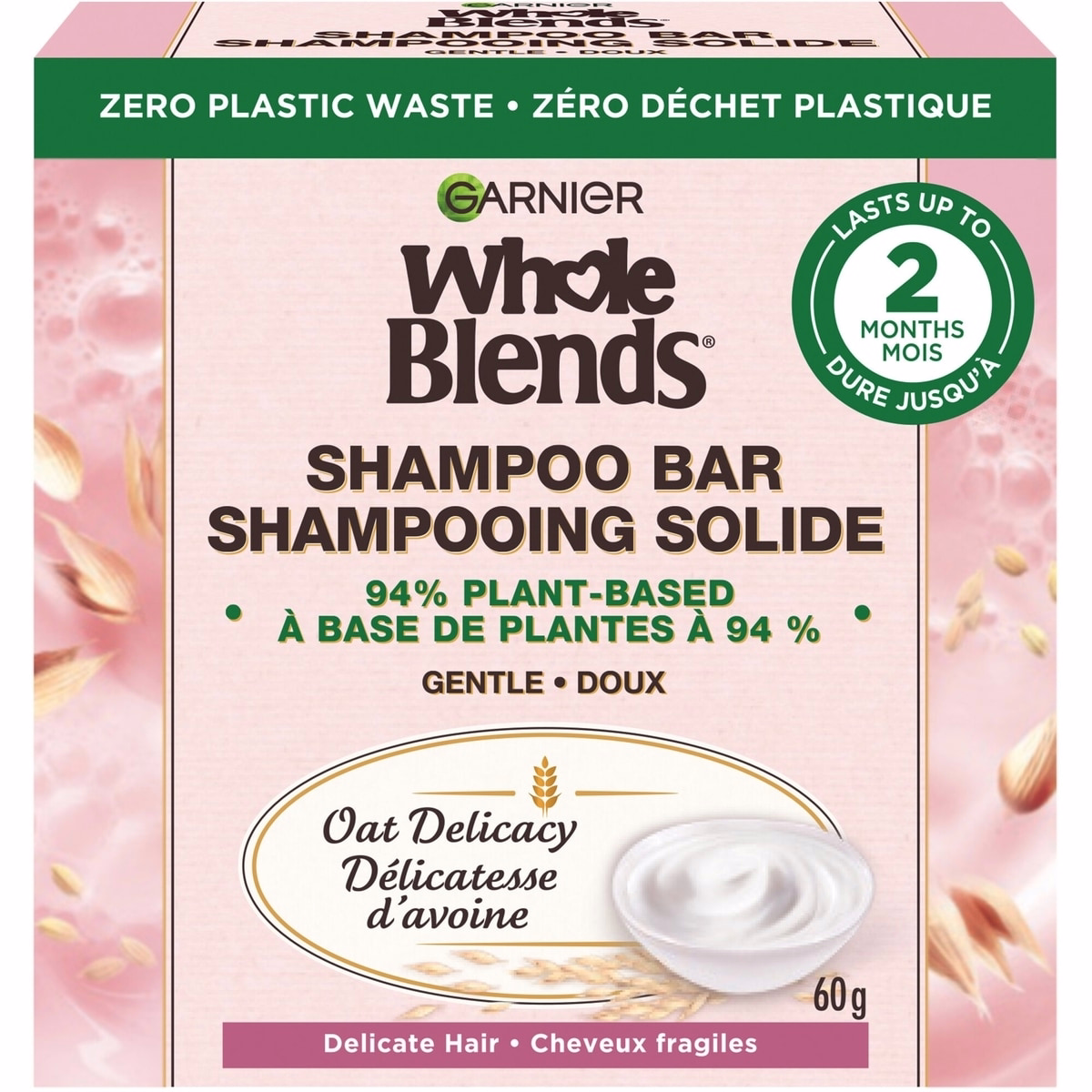 Garnier Whole Blends Oat Delicacy Softening Shampoo Bar for Delicate Hair, Zero Plastic Packaging, Preservative Free, Silicone Free, Soap & Dye Free,