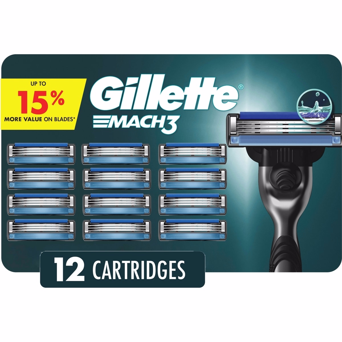 Gillette Mach3 剃鬚刀刀片替換芯，12 片裝，附潤滑條，三刀片式剃鬚刀刀片，提供近密剃鬚