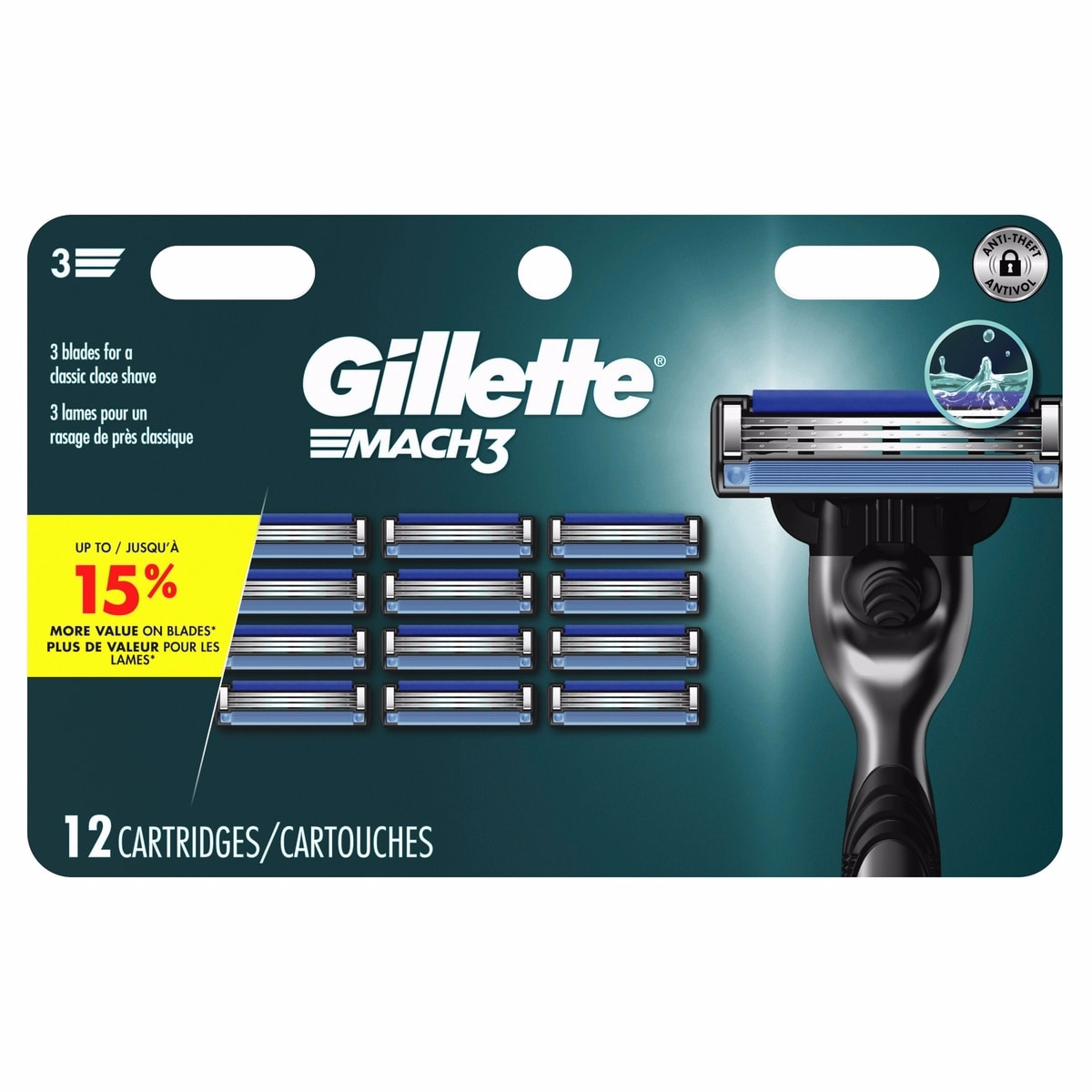 Gillette Mach3 剃鬚刀刀片替換芯，12 片裝，附潤滑條，三刀片式剃鬚刀刀片，提供近密剃鬚