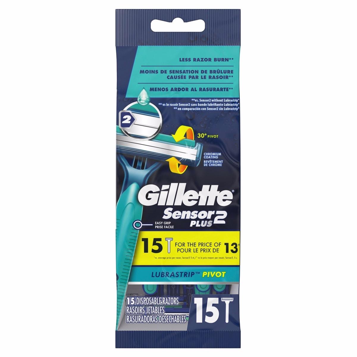 Gillette Sensor2 Plus Pivoting Head Men’s Disposable Razors, 15 Count