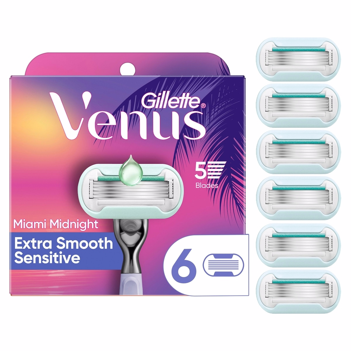 Gillette Venus Miami Midnight Extra Smooth Sensitive Women's Razor Refills, 6 ct