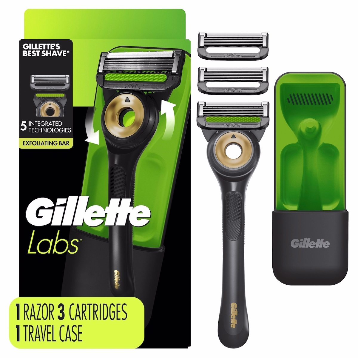 Gillette Labs 帶去角質條的黑金版剃鬚刀(男士適用),1 支手柄,3 片刀片補充裝,附旅行盒,方便隨時攜帶。 Gillette Labs 帶去角質條的黑金版剃鬚刀(男士適用),1 支手柄,3 片刀片補充裝,附旅行盒,方便隨身收納。