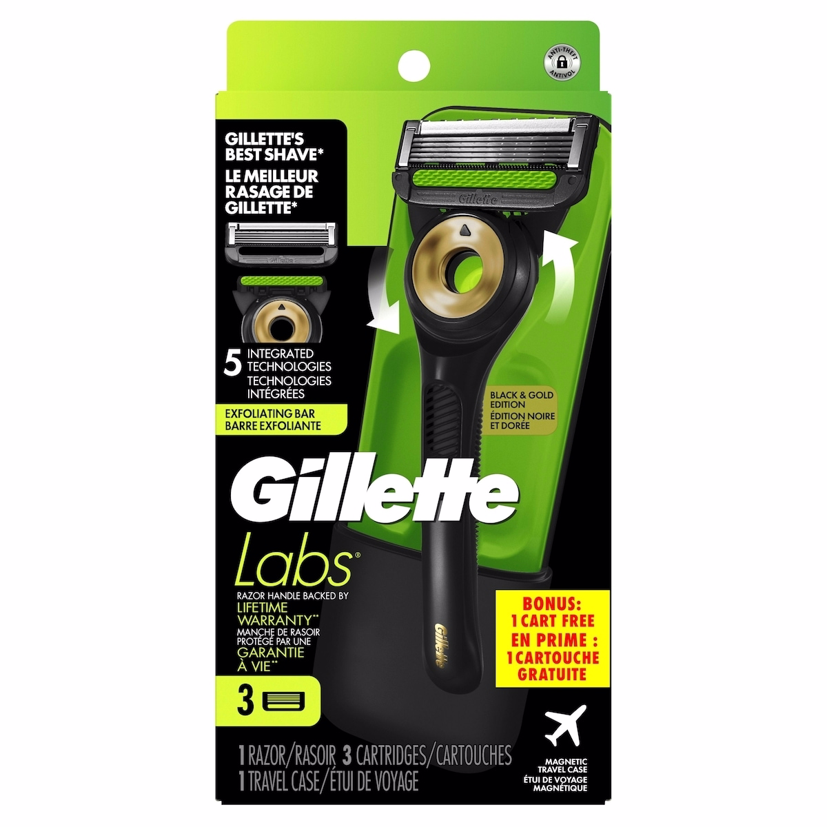 Gillette Labs 帶去角質條的黑金版剃鬚刀(男士適用),1 支手柄,3 片刀片補充裝,附旅行盒,方便隨時攜帶。 Gillette Labs 帶去角質條的黑金版剃鬚刀(男士適用),1 支手柄,3 片刀片補充裝,附旅行盒,方便隨身收納。