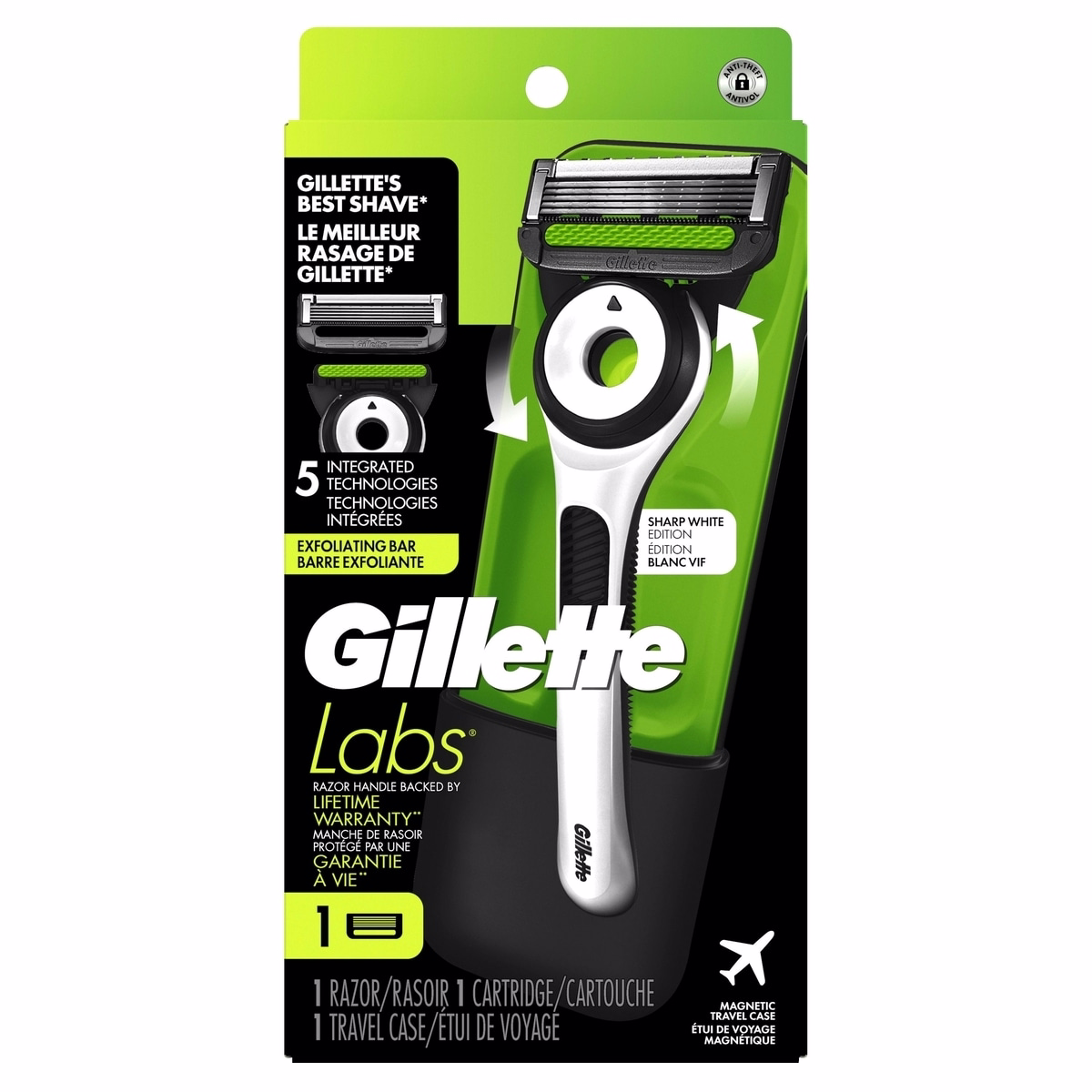 GilletteLabs with Exfoliating Bar Sharp White Edition Shaving Razor for Men, 1 Handle, 1 Razor Blade Refill, 1 Travel Case