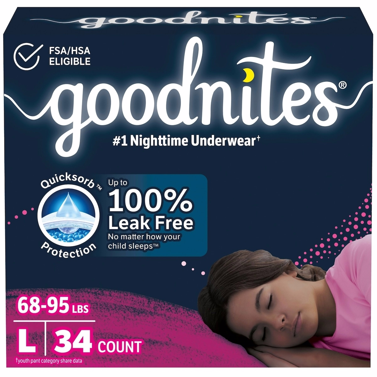 Girls' Nighttime Bedwetting Underwear, Size Large (68-95 lbs)