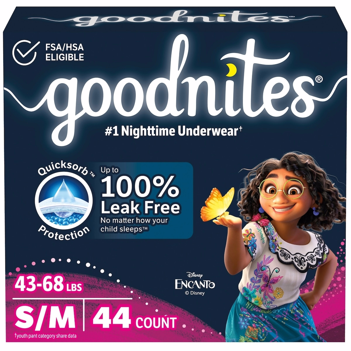 Girls' Nighttime Bedwetting Underwear, Size S/M (43-68 lbs)
