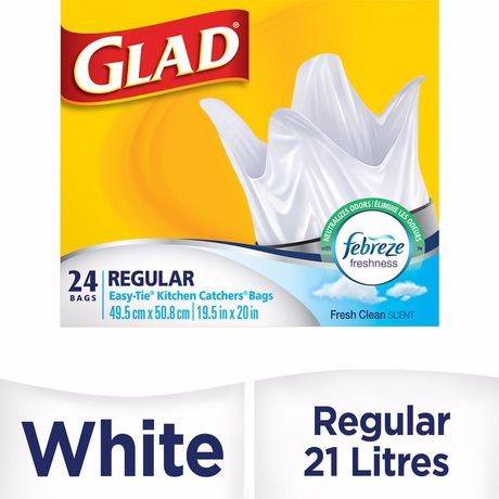 Glad White Garbage Bags - Small 25 Litres - Febreze Fresh Clean Scent, 24 Trash Bags
