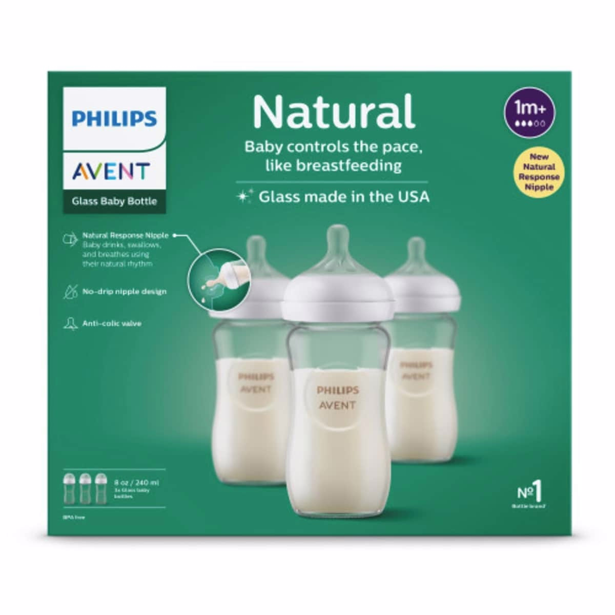 Glass Natural Baby Bottle With Natural Response Nipple, 3 pack, SCY913/03