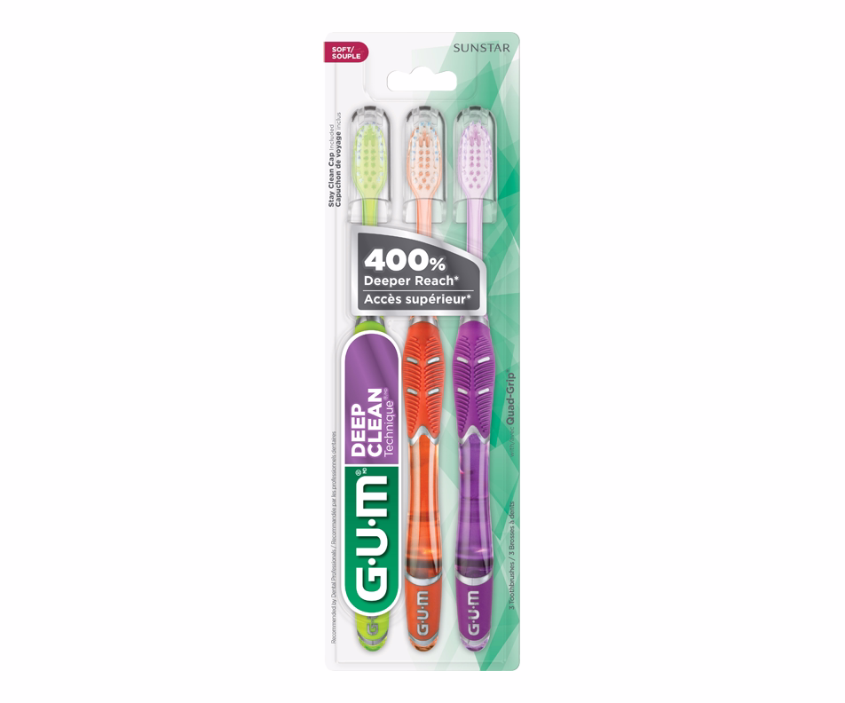G·U·M Technique Deep Clean Compact Soft Toothbrush, 3-Pack, Quad-Grip Handle