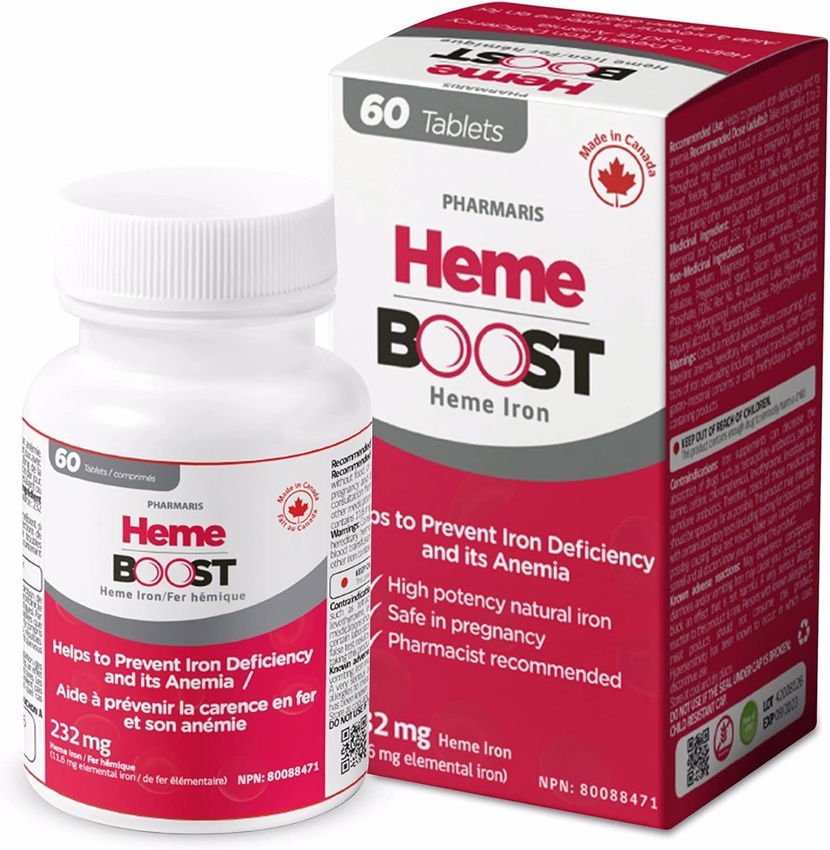 Hemeboost 11.6mg Iron Tablets - 232mg Heme Iron for Enhanced Energy & Vitality - 60 Count
