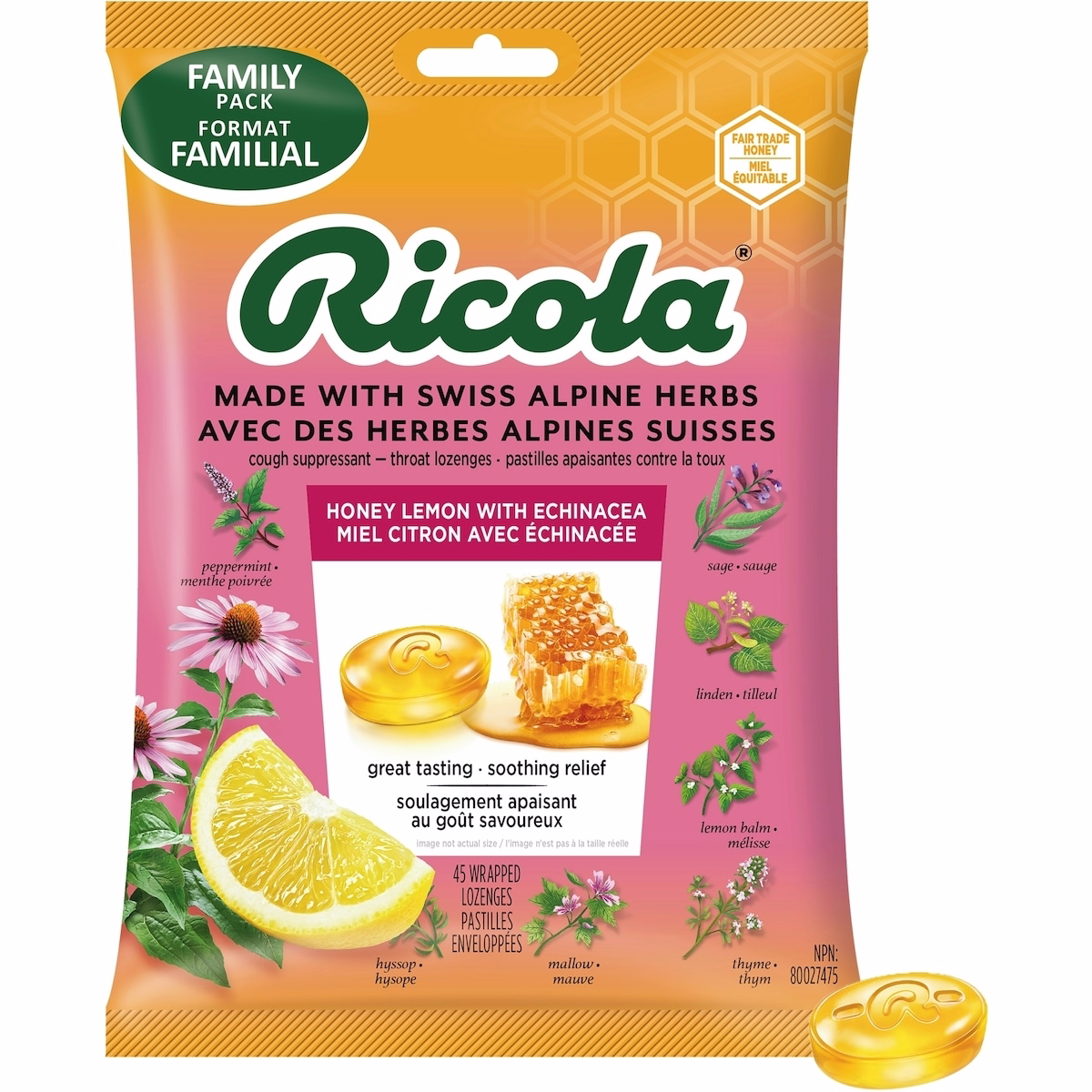 Honey Lemon with Echinacea Family Bag Cough Suppressant Throat Lozenges