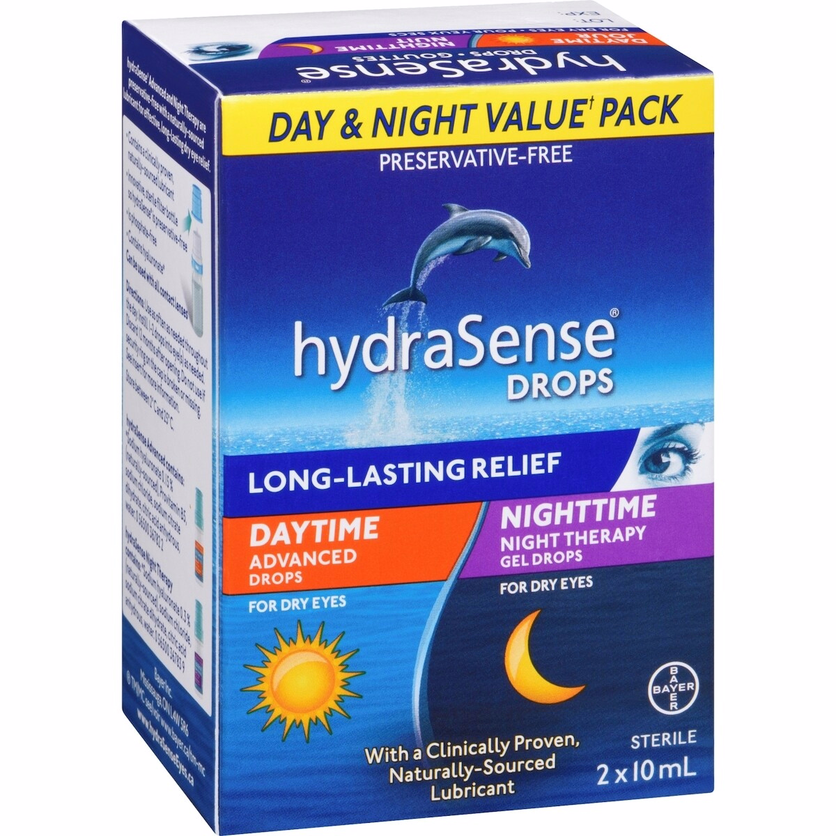 hydraSense Eye Drops Day and Night Pack, For Dry Eyes, Preservative Free, Naturally Sourced Lubricant, Twin Pack (2 x 10 mL), 20 mL