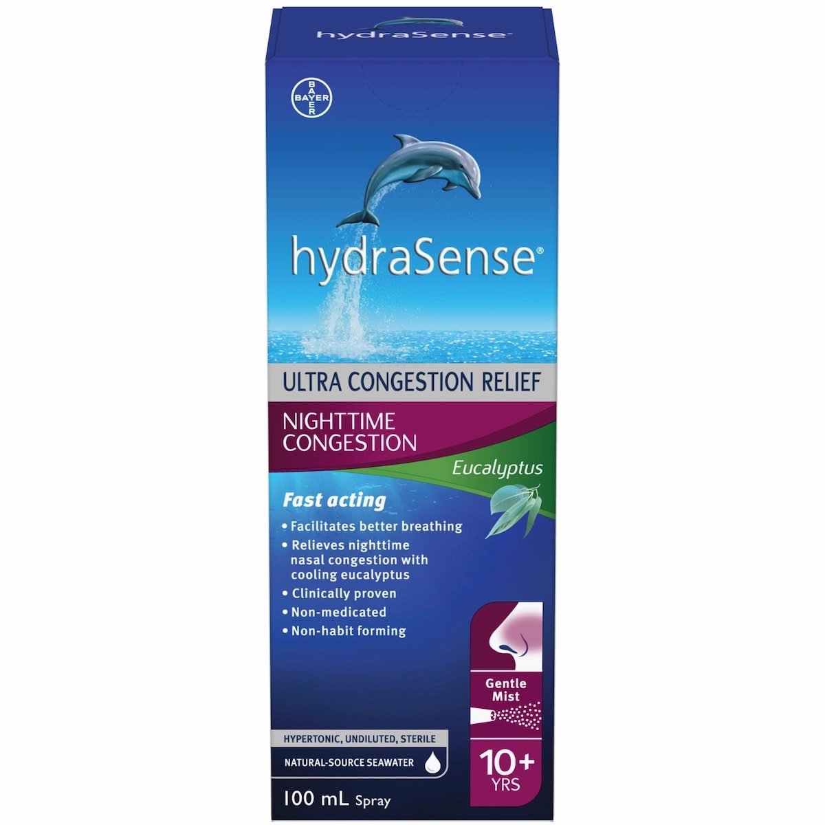hydraSense Nighttime Congestion Nasal Spray -  with Cooling Eucalyptus, Ultra Nasal Congestion Relief Saline Spray, Fast Acting, Clinically-Proven, No