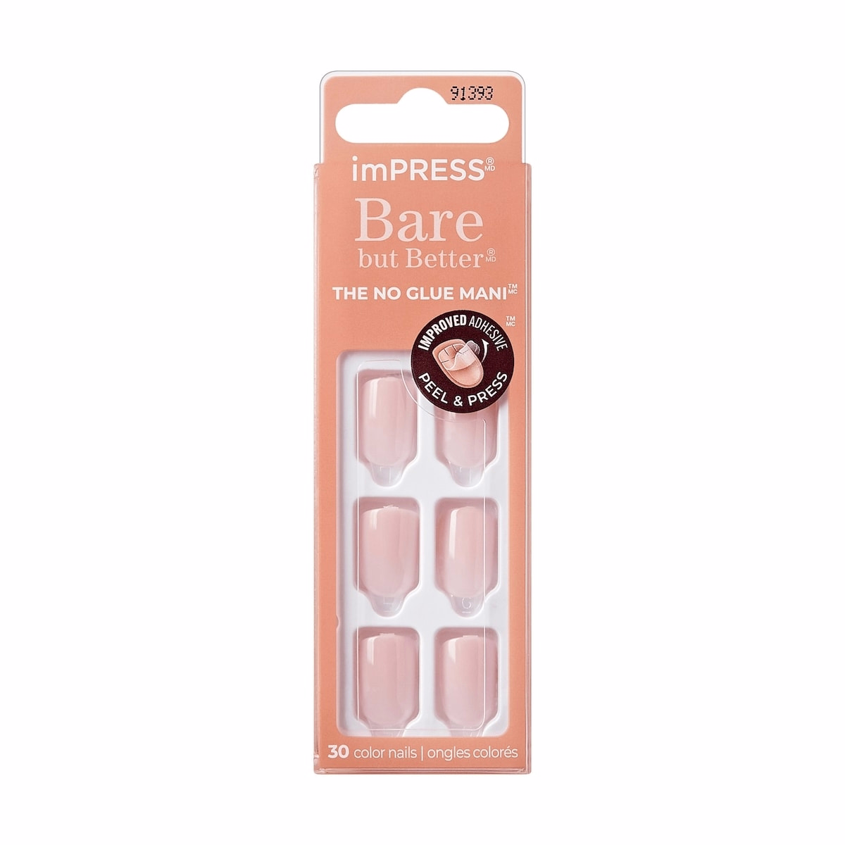 Impress Color  Press-On Nails, Instinct, Pink, Short Length, Squoval Shape, 30 Count