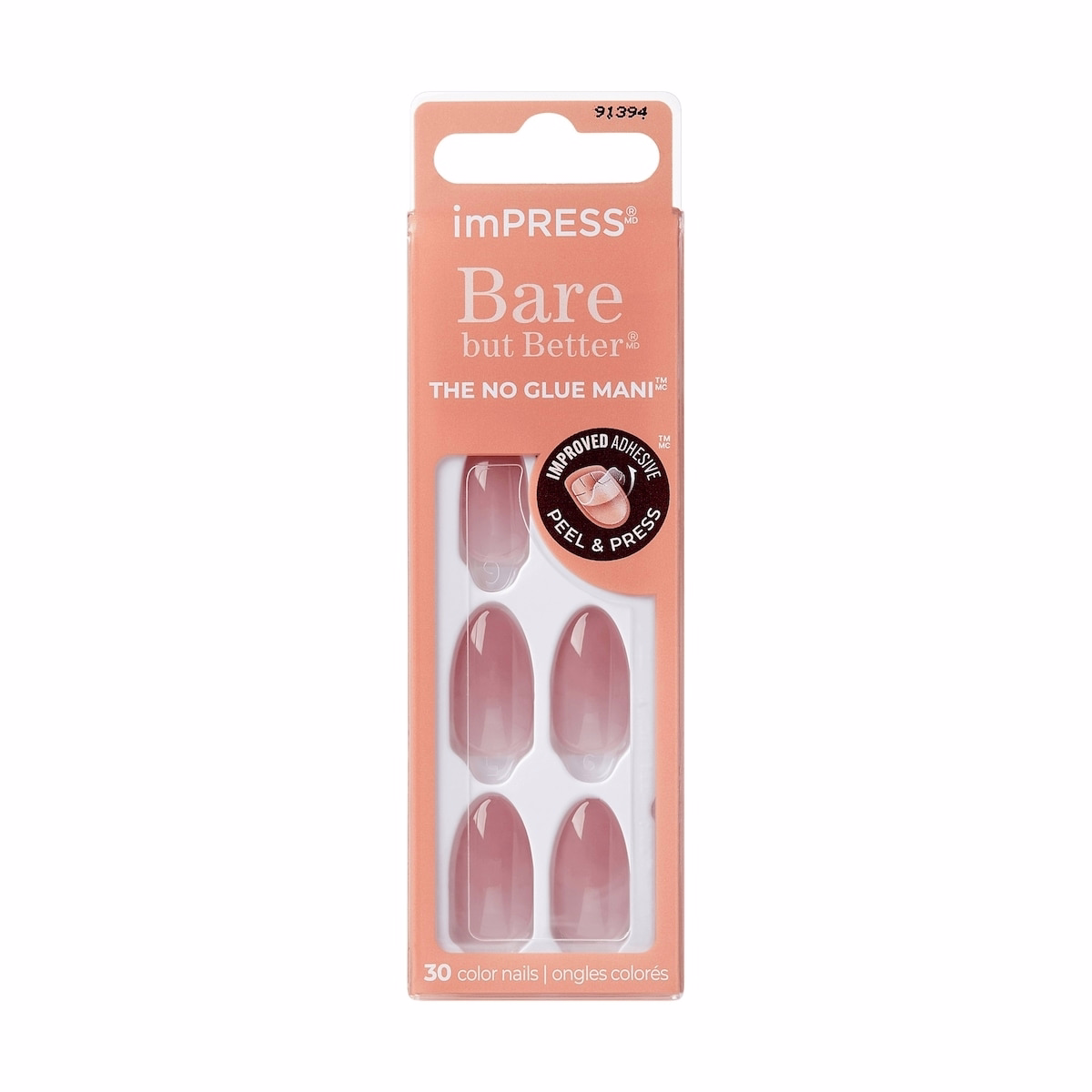 Impress Color  Press-On Nails, Serenity, Pink, Medium Length, Almond Shape, 30 Count