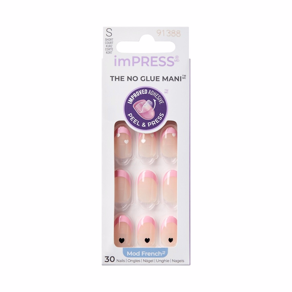 Impress French  Press-On Nails, Ditto, Pink, Short Length, Oval Shape, 30 Count