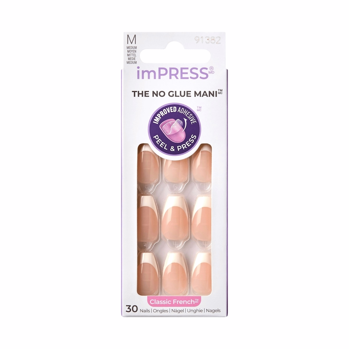 Impress French  Press-On Nails, Ideal, White, Medium Length, Coffin Shape, 30 Count