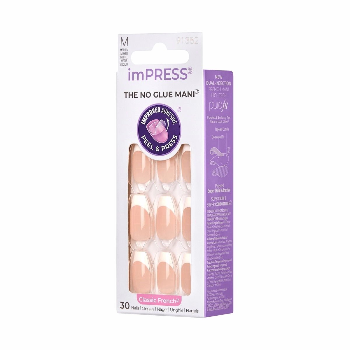 Impress French  Press-On Nails, Ideal, White, Medium Length, Coffin Shape, 30 Count