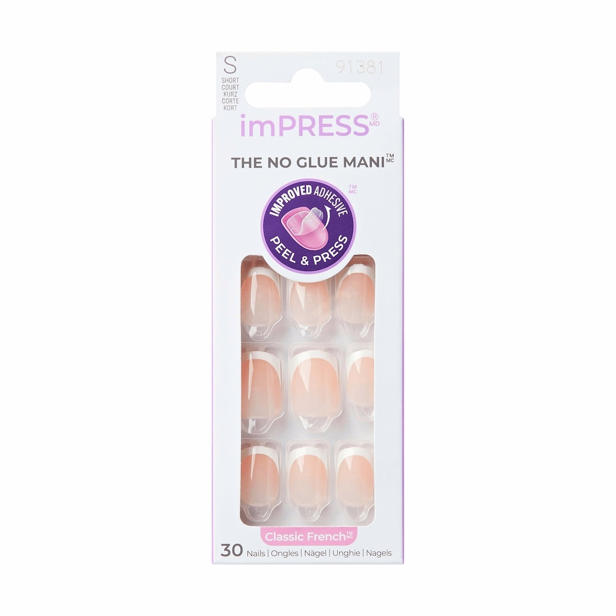 Impress French  Press-On Nails, Model, White, Short Length, Squoval Shape, 30 Count