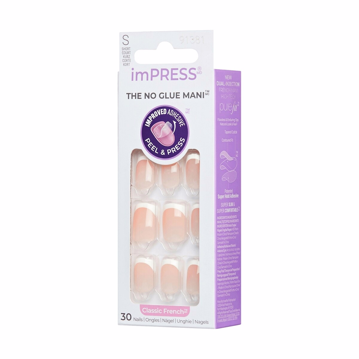 Impress French  Press-On Nails, Model, White, Short Length, Squoval Shape, 30 Count