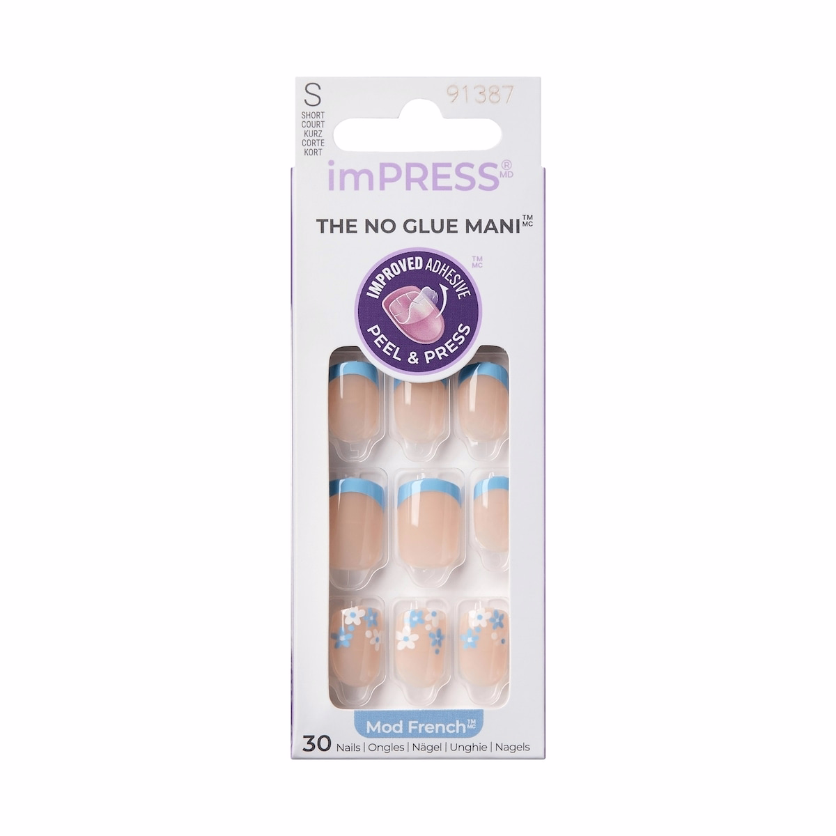 Impress French  Press-On Nails, Snooze, Blue, Short Length, Squoval Shape, 30 Count