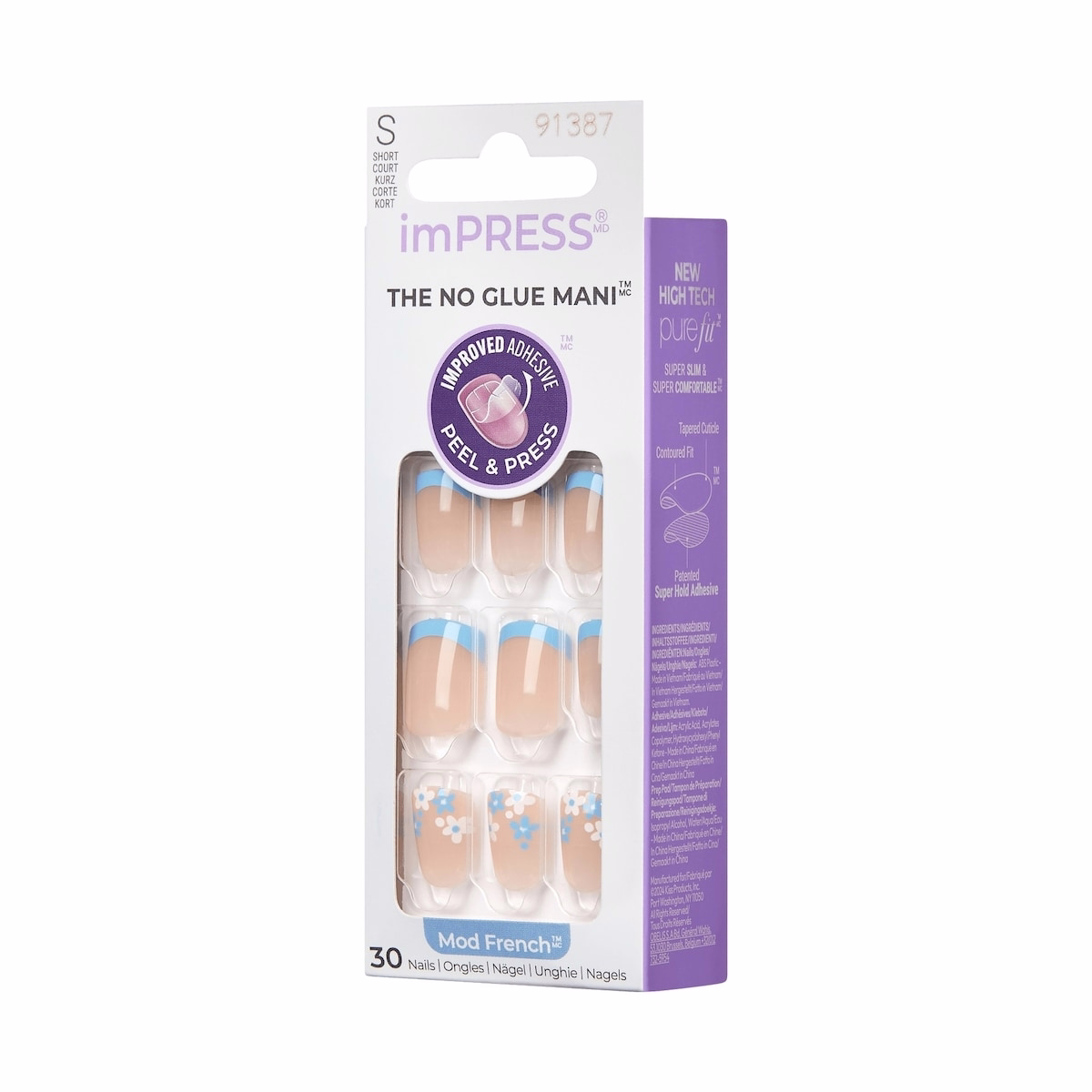 Impress French  Press-On Nails, Snooze, Blue, Short Length, Squoval Shape, 30 Count